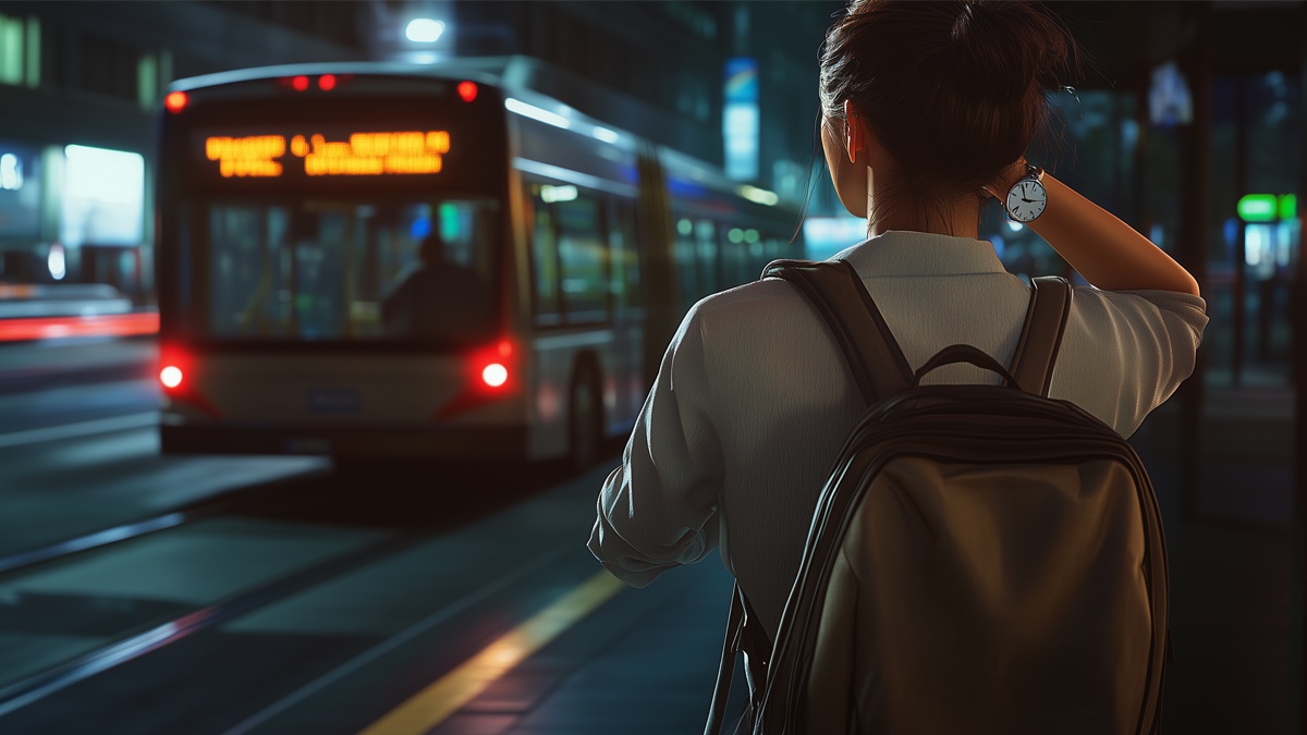 staff waiting for night bus showing time on watch