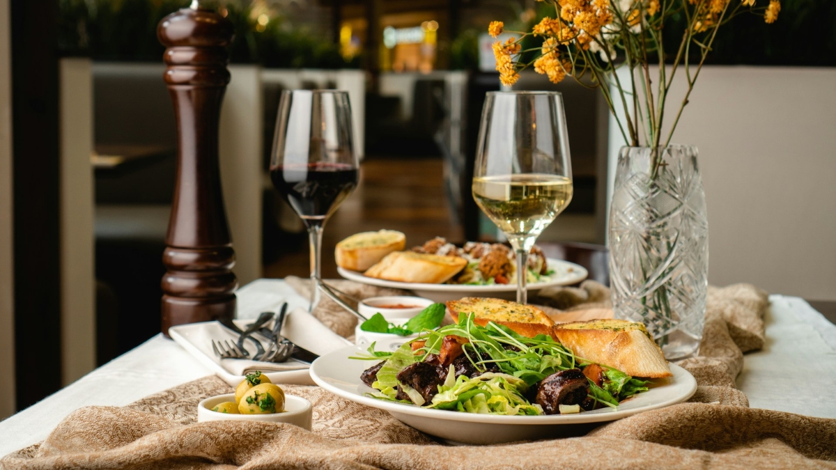 restaurant table with wine glasses